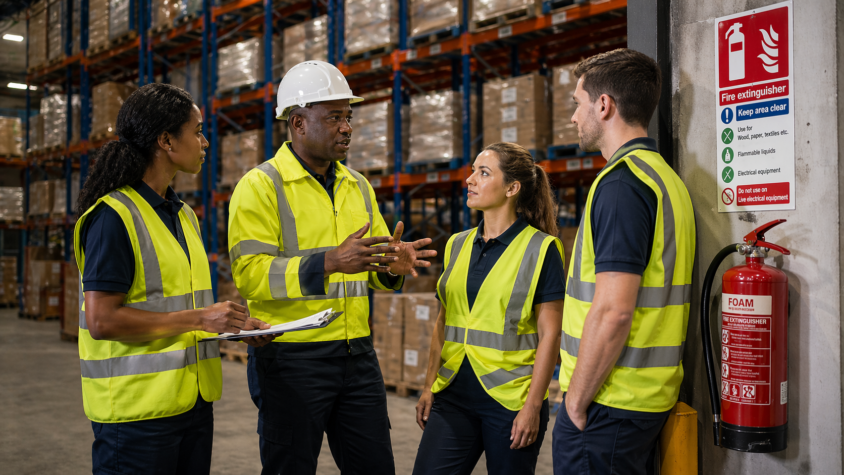 A diverse group of UK warehouse workers collaborating, with visible safety gear, highlighting proactive health and safety measures in a real workplace.