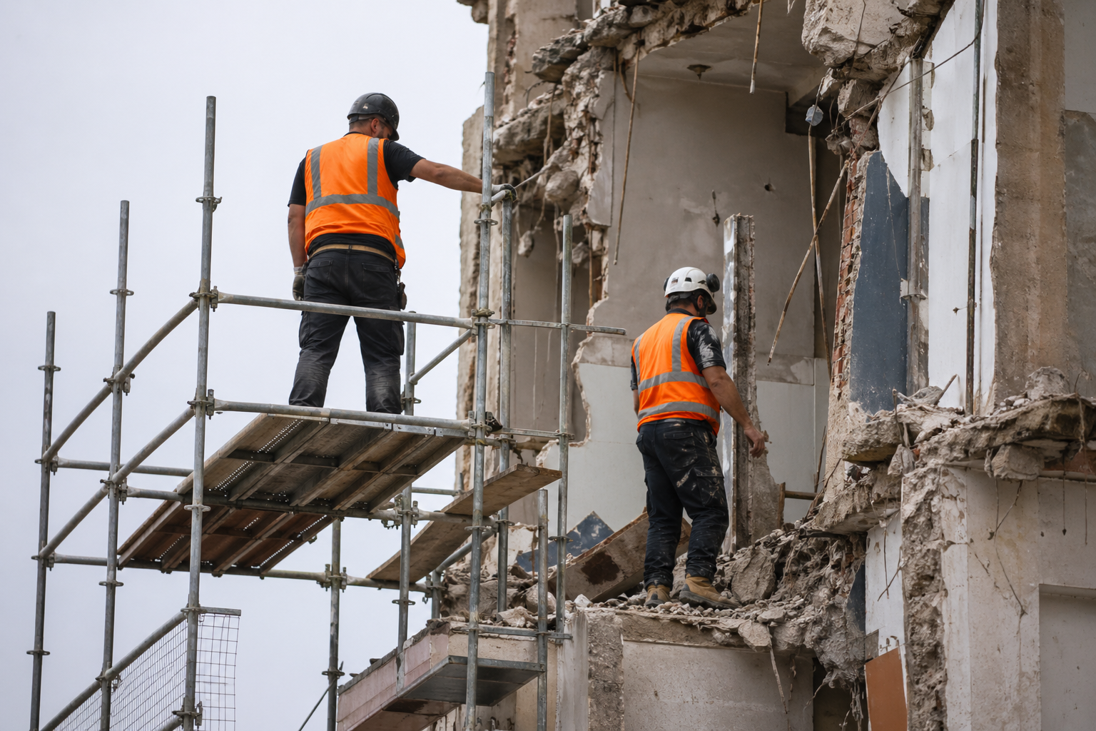 Two construction workers wearing personal protective equipment, including hard hats and hi-vis vests, working safely on scaffolding at a demolition site.