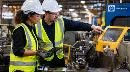 Two factory workers in protective gear discussing safety features on a metal lathe, highlighting machine guarding and operational safety.