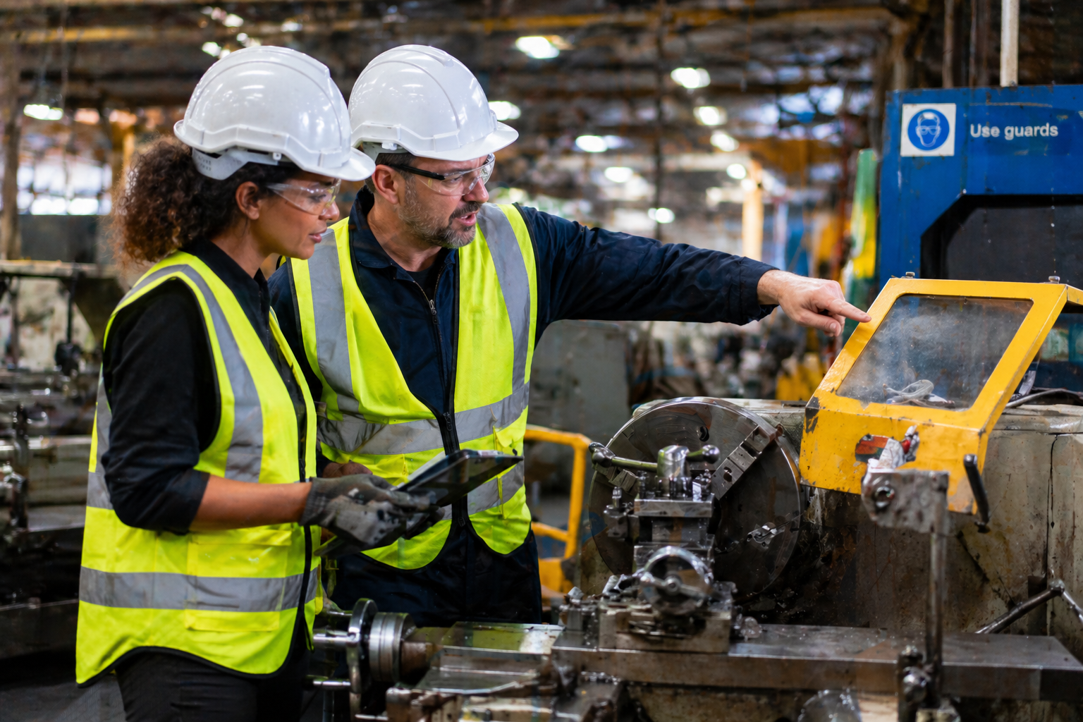 Two factory workers in protective gear discussing safety features on a metal lathe, highlighting machine guarding and operational safety.