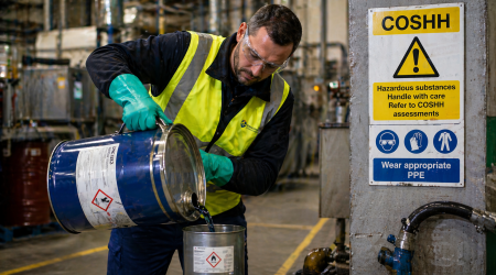 A UK factory worker wearing personal protective equipment handles hazardous substances, demonstrating COSHH compliance in an industrial setting.