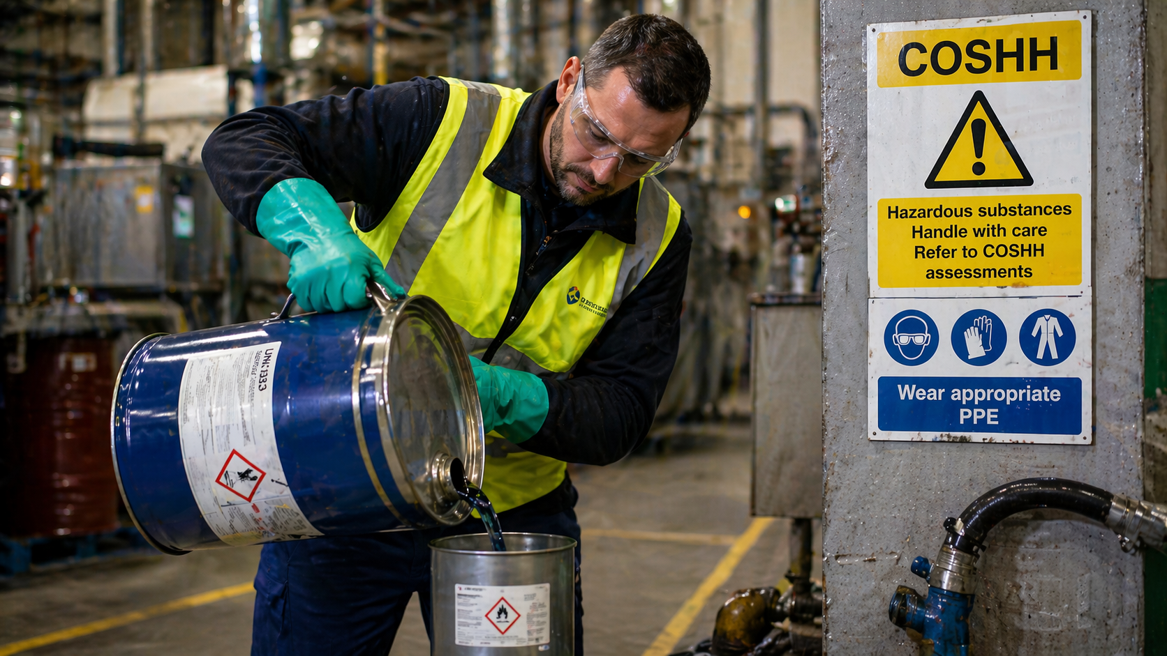 A UK factory worker wearing personal protective equipment handles hazardous substances, demonstrating COSHH compliance in an industrial setting.