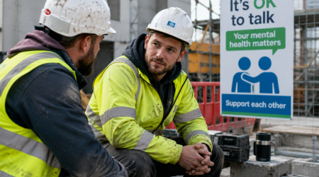 Two construction workers in PPE having a supportive conversation during a break, highlighting mental health awareness and wellbeing on a UK construction site.