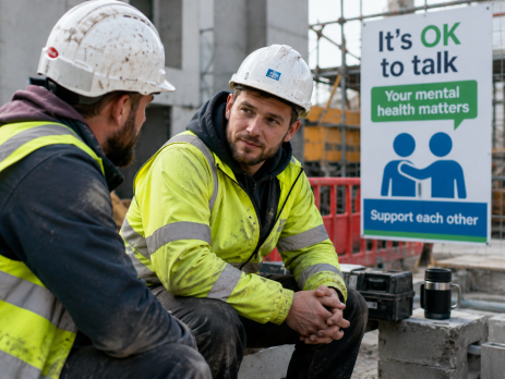 Two construction workers in PPE having a supportive conversation during a break, highlighting mental health awareness and wellbeing on a UK construction site.