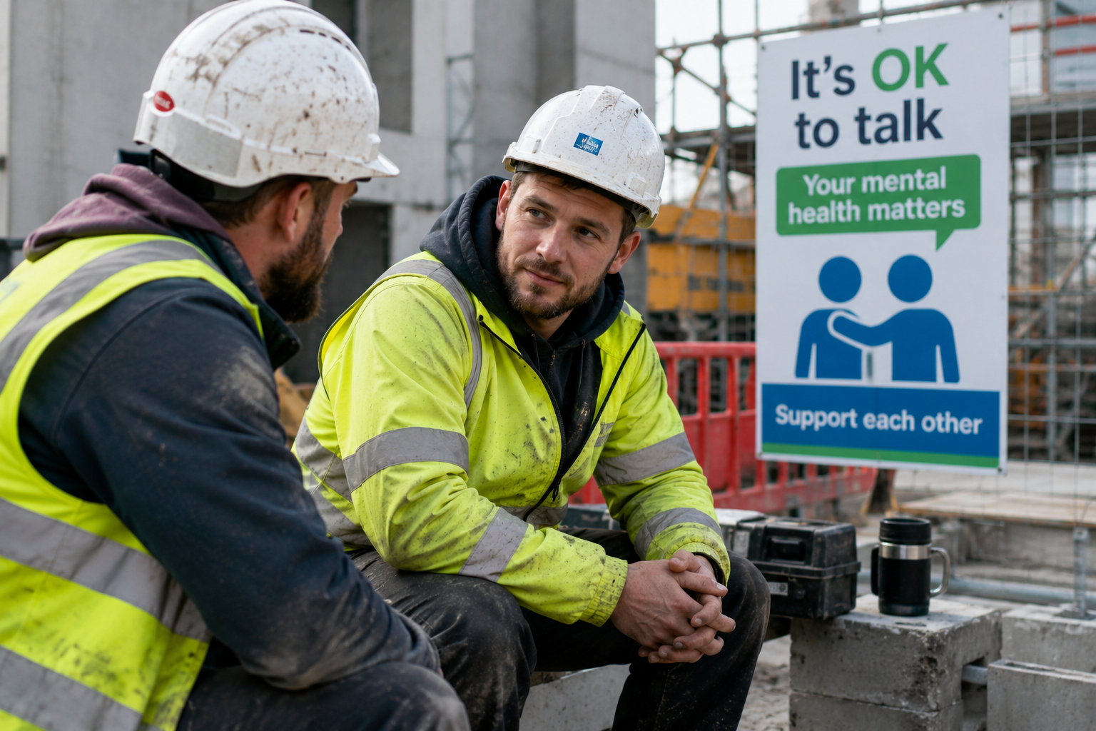 Two construction workers in PPE having a supportive conversation during a break, highlighting mental health awareness and wellbeing on a UK construction site.