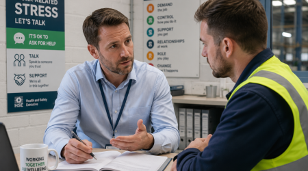 A UK employer speaking with an employee about workload and wellbeing, highlighting work-related stress management and HSE compliance in the workplace.