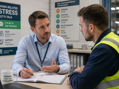 A UK employer speaking with an employee about workload and wellbeing, highlighting work-related stress management and HSE compliance in the workplace.