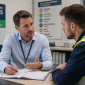 A UK employer speaking with an employee about workload and wellbeing, highlighting work-related stress management and HSE compliance in the workplace.