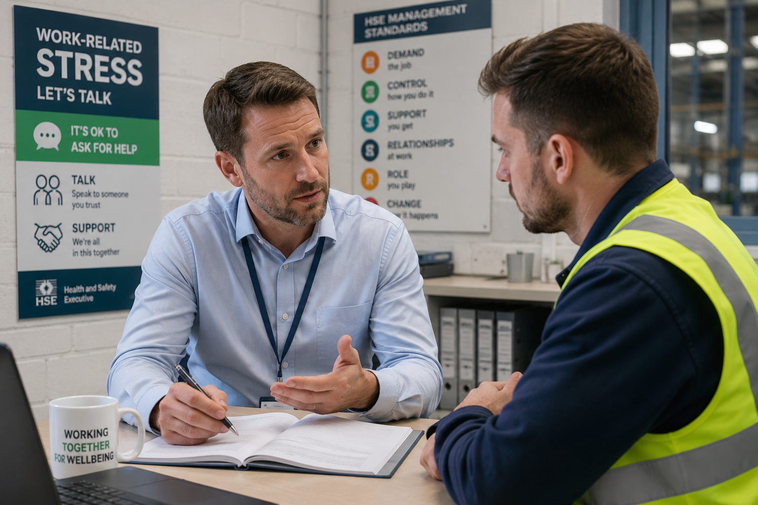 A UK employer speaking with an employee about workload and wellbeing, highlighting work-related stress management and HSE compliance in the workplace.