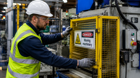 A male factory worker in a hard hat and hi-vis vest carefully checks the safety guard on a piece of industrial machinery on a busy factory floor.
