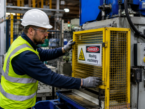 A male factory worker in a hard hat and hi-vis vest carefully checks the safety guard on a piece of industrial machinery on a busy factory floor.