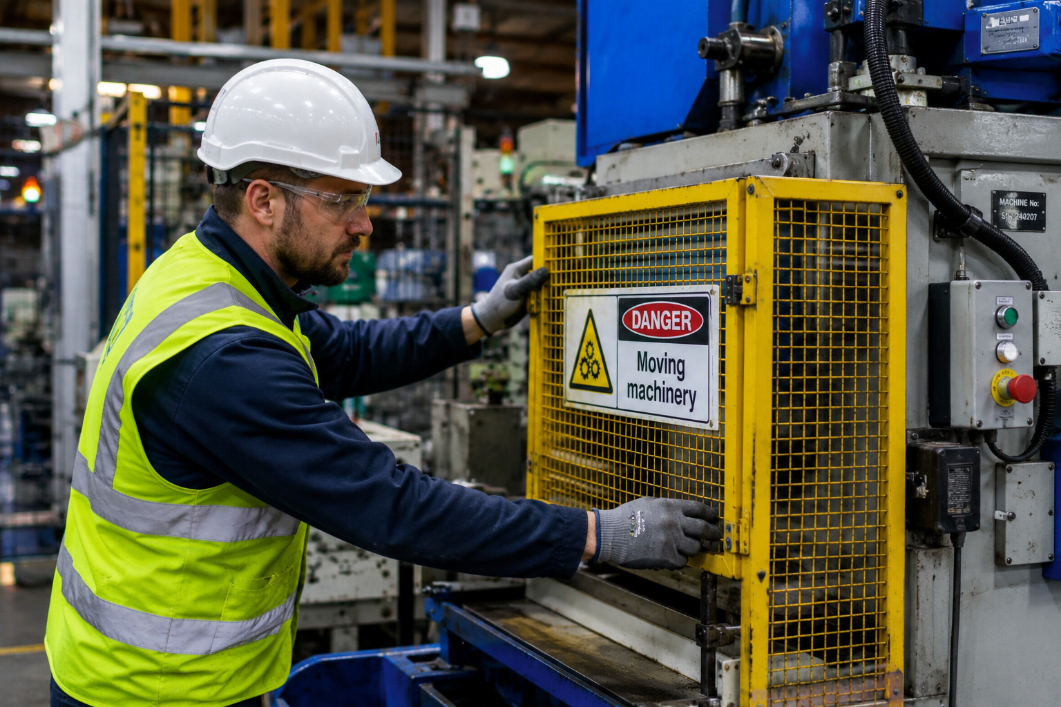 A male factory worker in a hard hat and hi-vis vest carefully checks the safety guard on a piece of industrial machinery on a busy factory floor.