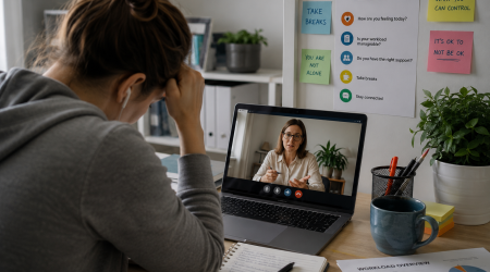 A remote employee appearing stressed during a virtual meeting, highlighting psychosocial risks and mental health challenges in remote and hybrid work environments.