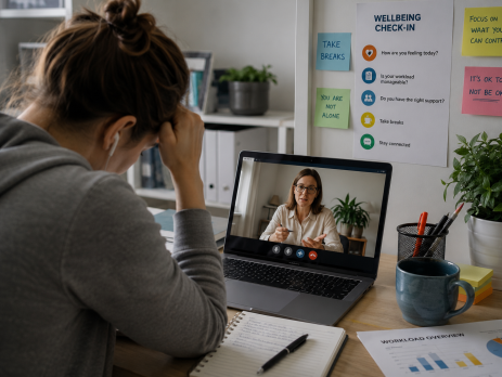 A remote employee appearing stressed during a virtual meeting, highlighting psychosocial risks and mental health challenges in remote and hybrid work environments.