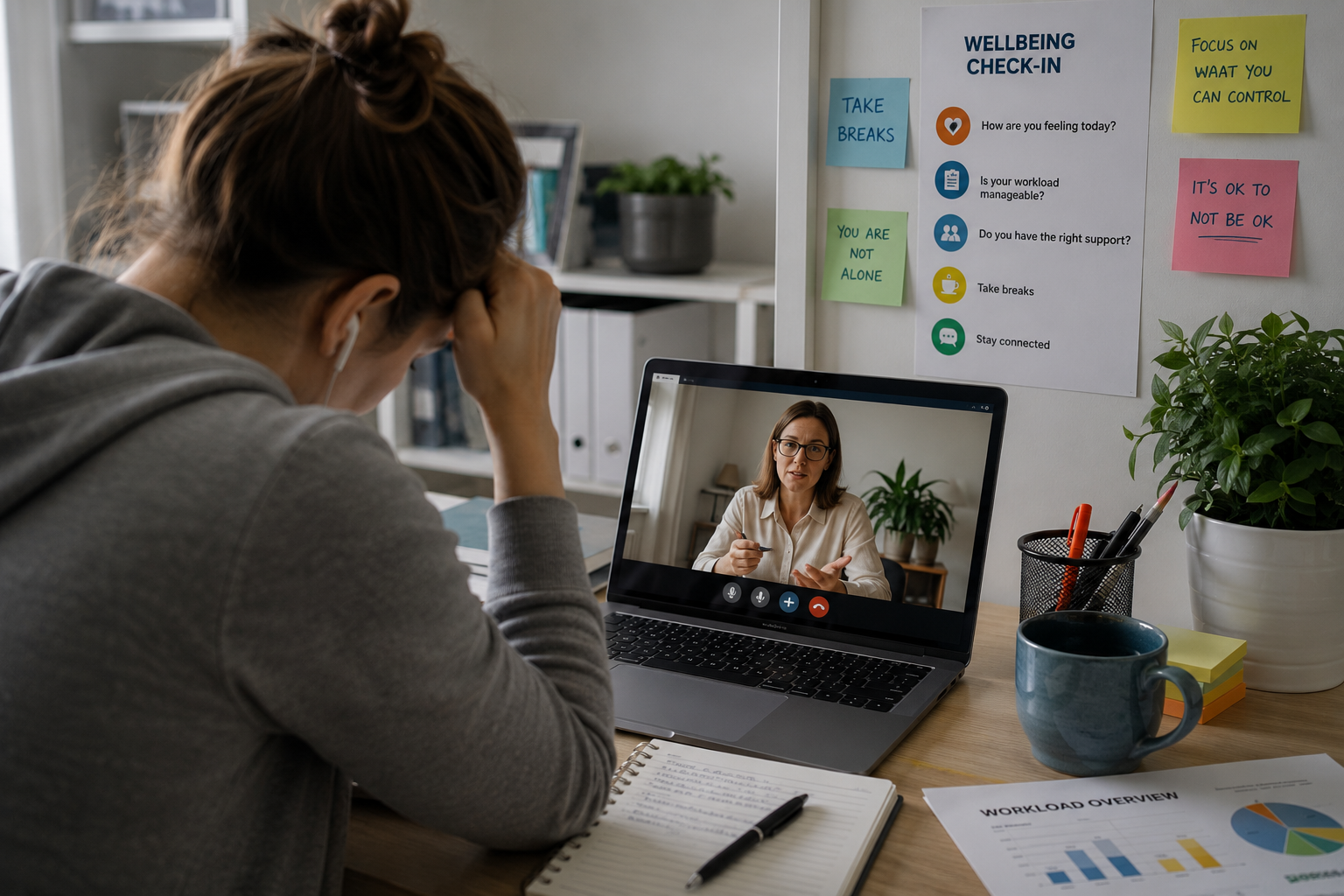 A remote employee appearing stressed during a virtual meeting, highlighting psychosocial risks and mental health challenges in remote and hybrid work environments.