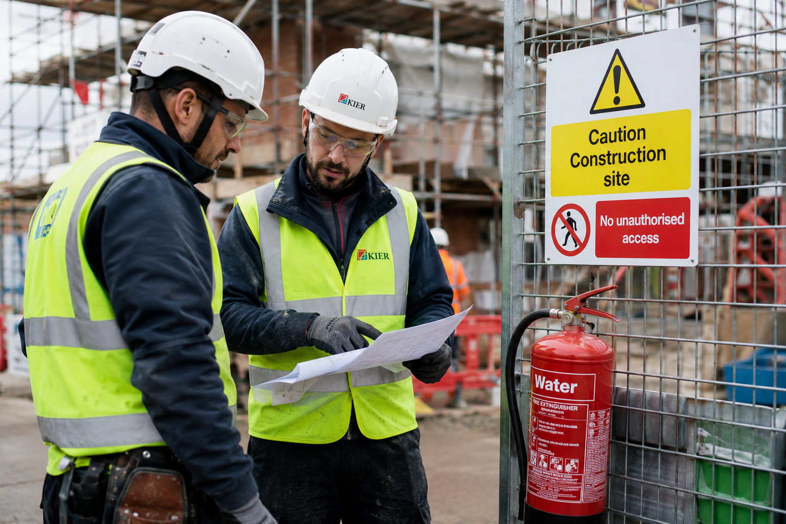 Two construction workers wearing personal protective equipment, discussing safety procedures on a busy UK construction site, with safety equipment visible.